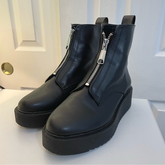 H&M Faux Leather Black Silver Zip Front Platform Ankle Boots Winter Grunge 6 36 - Picture 1 of 10